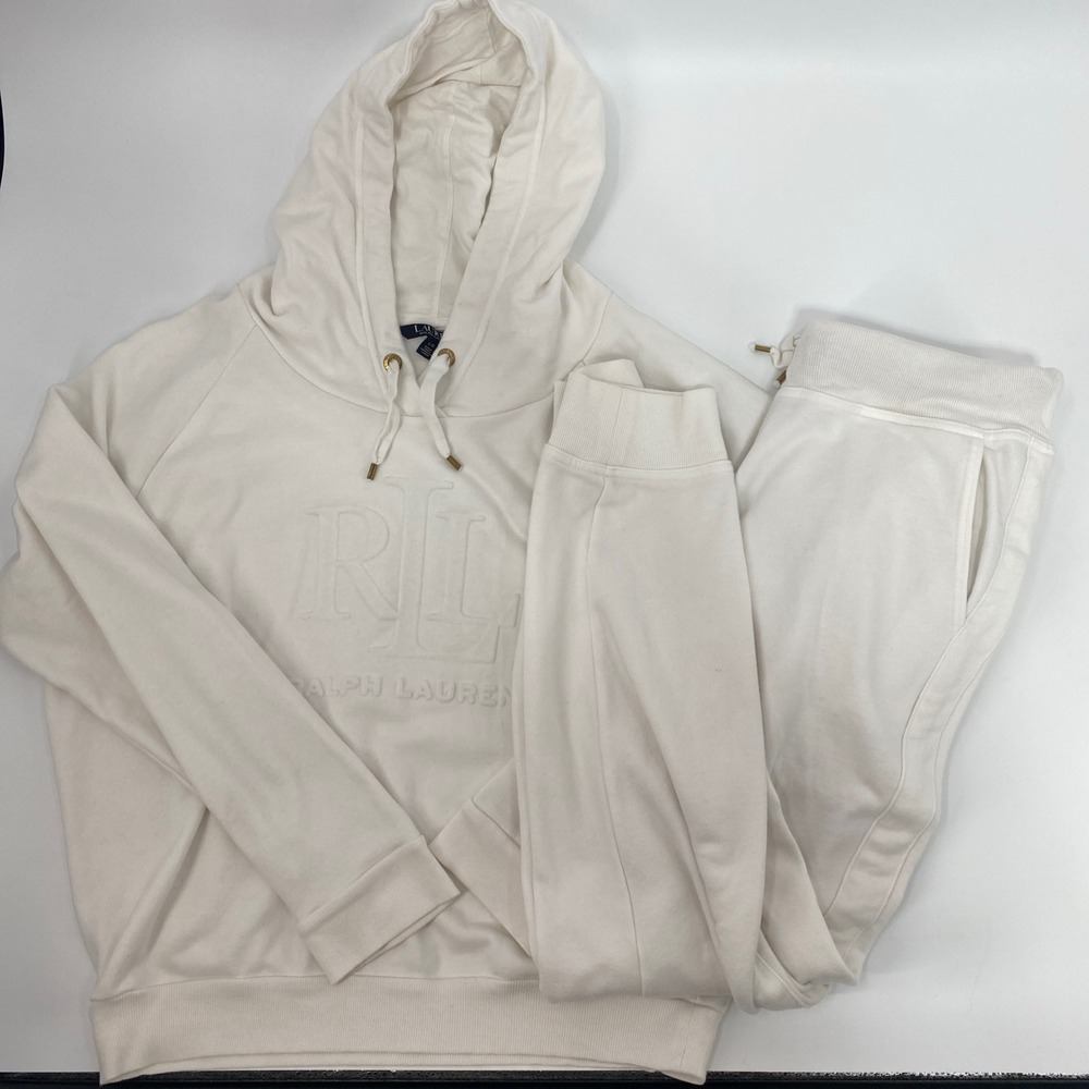 Lauren Ralph Lauren Tracksuit Women Large White Embossed Logo Hoodie Jogger Set